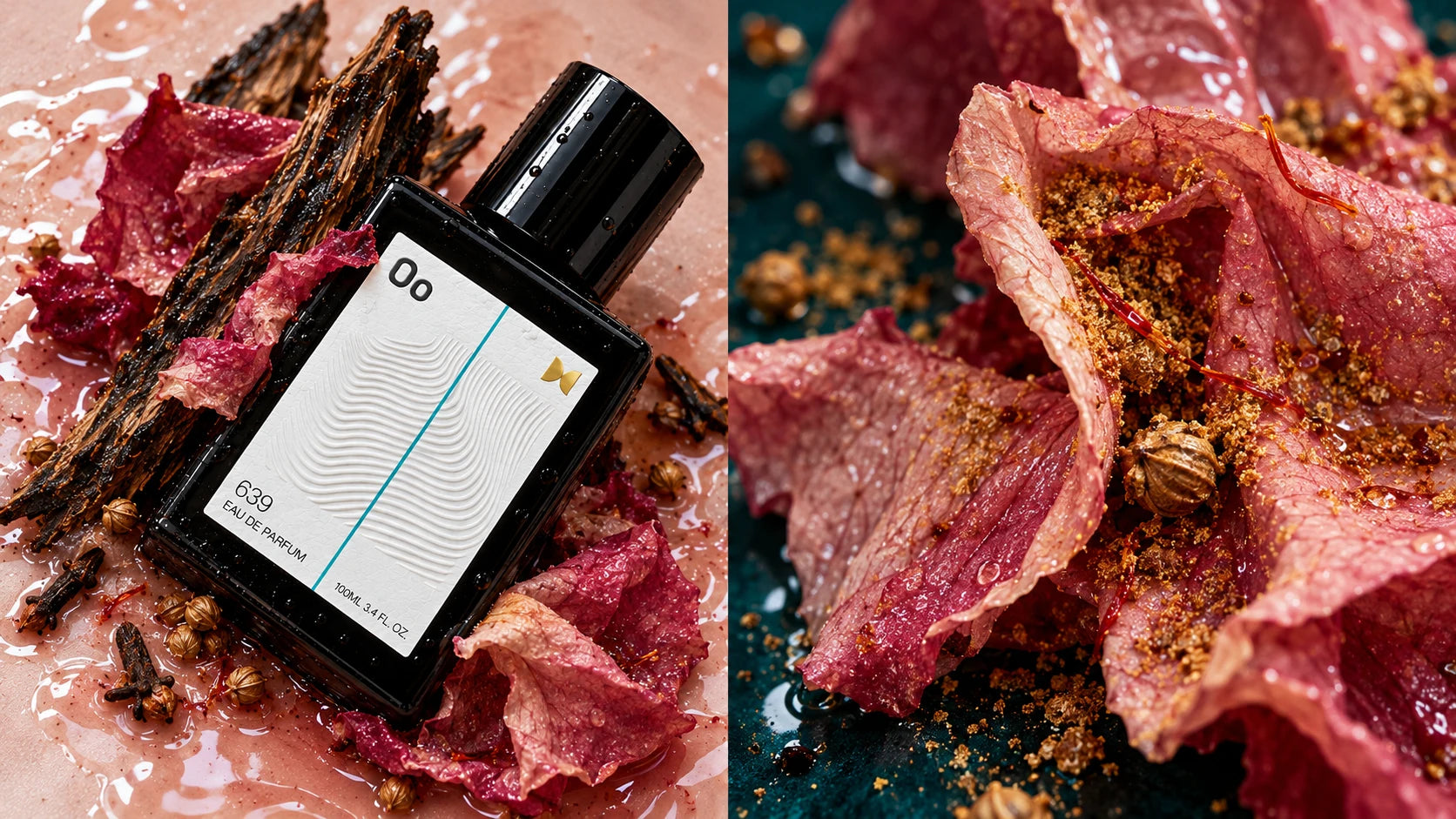 Balance fragrance nestled against agarwood and rose petals, beside a macro study of rose and spice